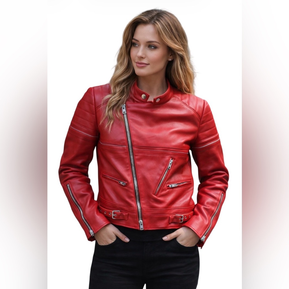 Good American Faux Leather Red Cropped Moto Jacket Sz S/M